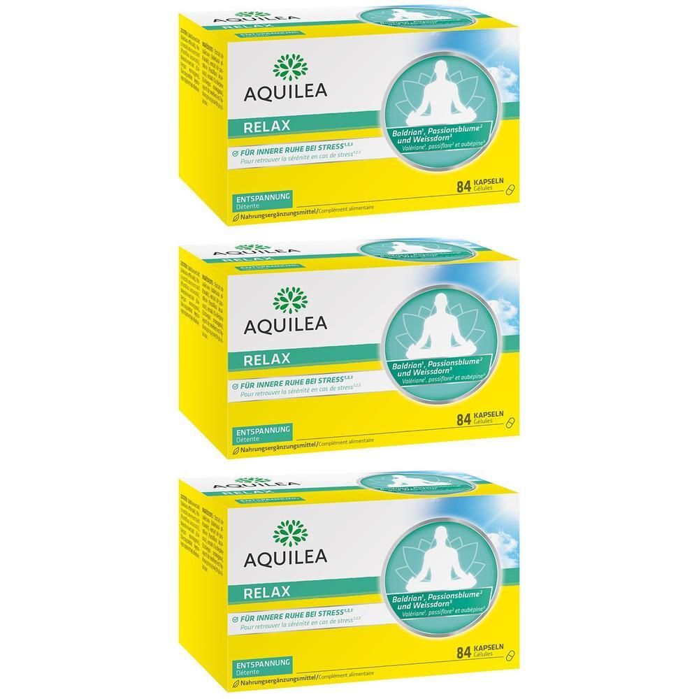 Drei Packungen AQUILEA Relax Kapseln mit Baldrian, Passionsblume und Weißdorn. Gelbe Kartons mit grünen und blauen Akzenten.