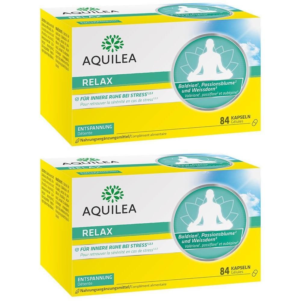 Zwei Packungen Aquilea Relax Kapseln, gelb-grün, mit Meditations-Symbol und 84 Kapseln pro Packung.