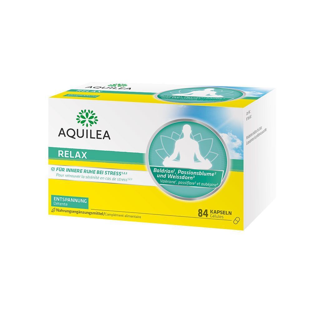 Eine Packung Aquilea Relax Kapseln, gelb-grün, mit Meditations-Symbol und 84 Kapseln.