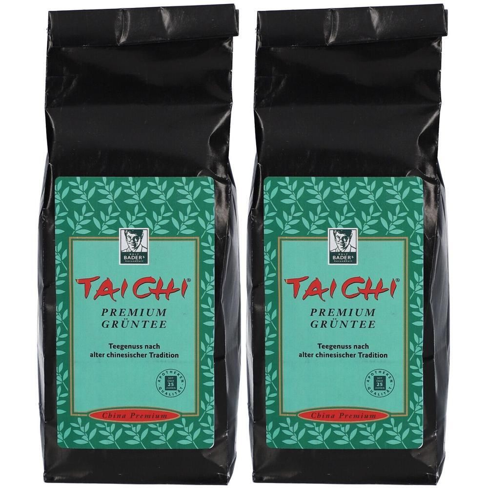 Zwei Packungen BADERs Tai Chi Premium Grüntee mit chinesischem Blattmuster.