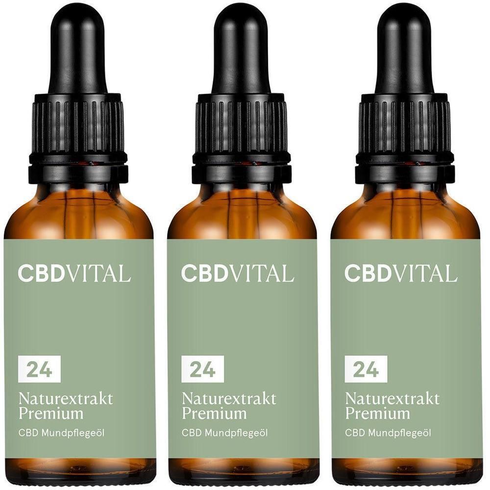 Drei Flaschen CBD Öl 24% Naturextrakt Premium mit Pipettenverschluss.