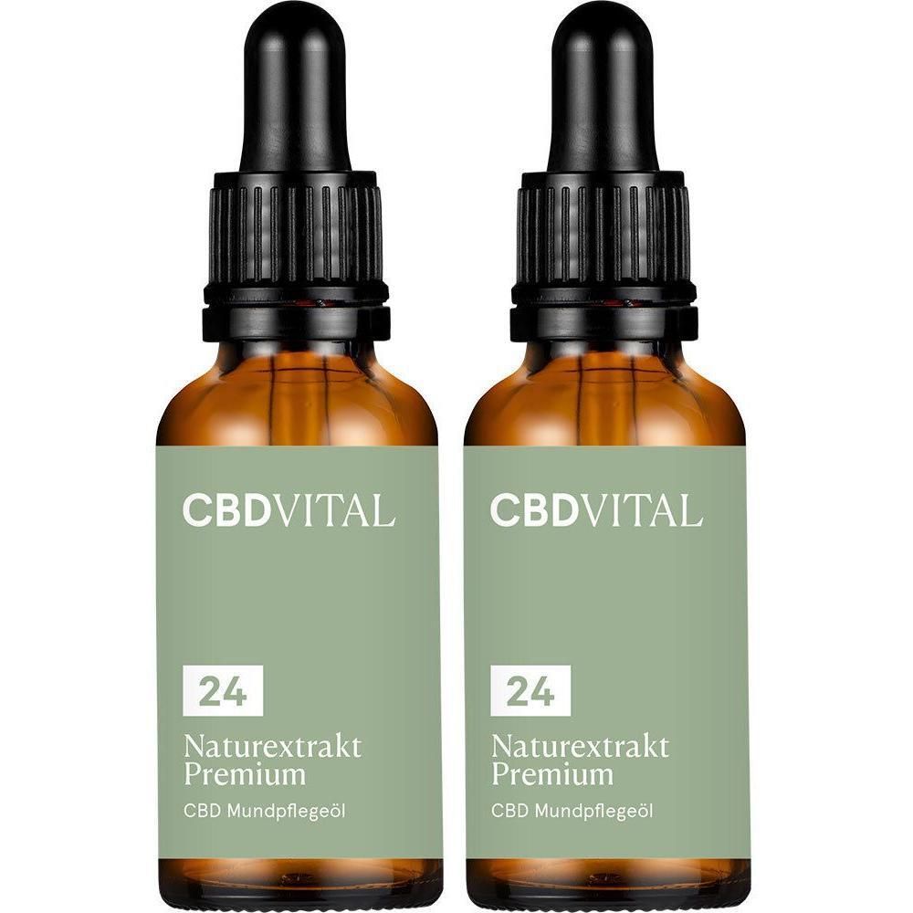 Zwei Flaschen CBD Öl 24% Naturextrakt Premium mit Pipettenverschluss.