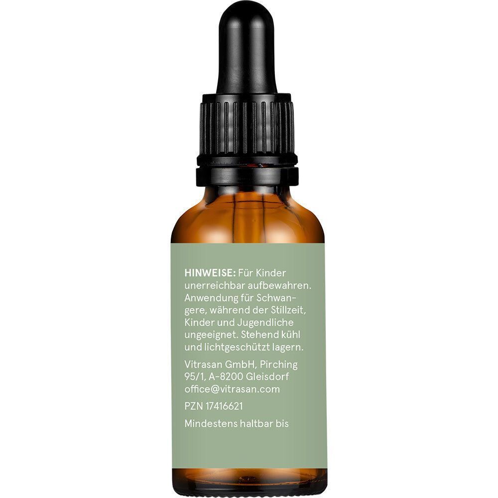 Rückseite einer Flasche CBD Öl 24% Naturextrakt Premium mit Hinweisen.