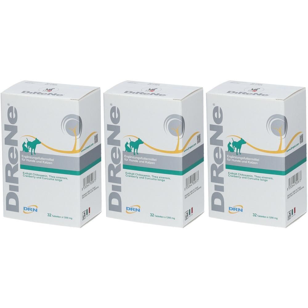 Drei Schachteln DiReNe Tabletten, jede mit 32 Tabletten.