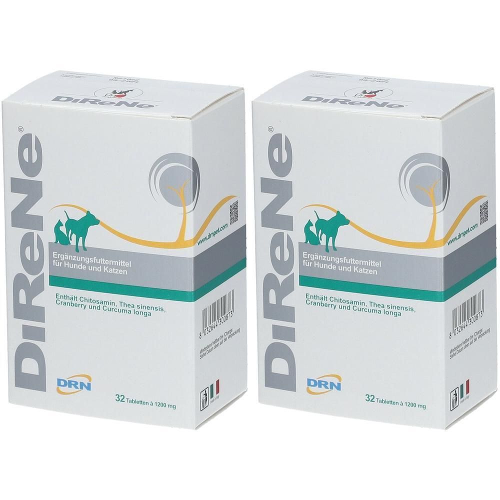 Zwei Schachteln DiReNe® Ergänzungsfuttermittel für Hunde und Katzen, jeweils 32 Tabletten.