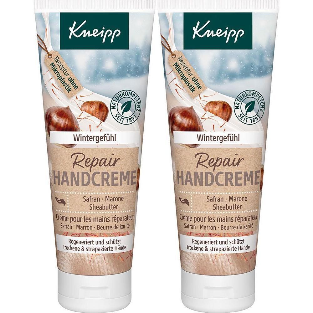 Zwei Tuben Kneipp Repair Handcreme Wintergefühl mit Safran, Marone und Sheabutter. Rezeptur ohne Mikroplastik.