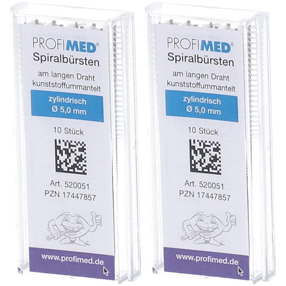 Zwei Packungen PROFIMED Spiralbürsten, zylindrisch, Ø 5,0 mm, 10 Stück pro Packung.