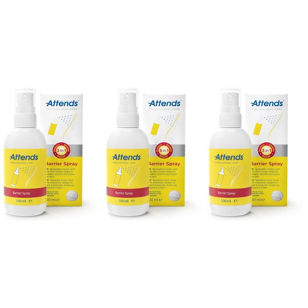 Drei Attends Barrier Spray Flaschen mit je 100ml und Verpackung. Sprühkopf oben, gelbes Etikett mit rotem Streifen.