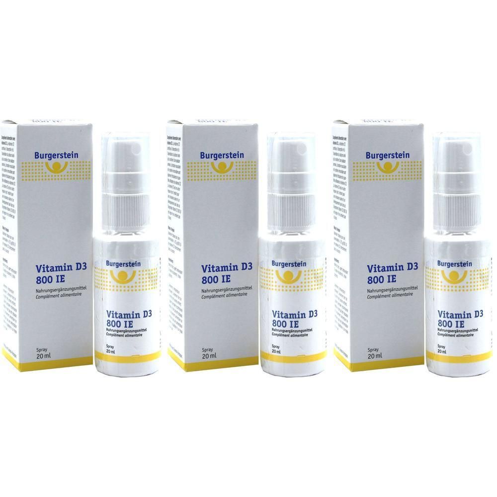 Drei Packungen Burgerstein Vitamin D3 800 IE Sprays, jeweils 20 ml.