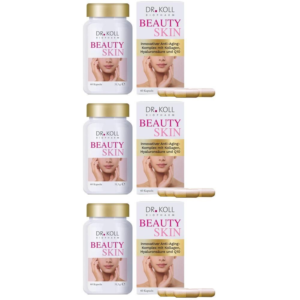 Drei Packungen DR. KOLL BEAUTY SKIN Kapseln mit Beipackzettel und Kapseln.