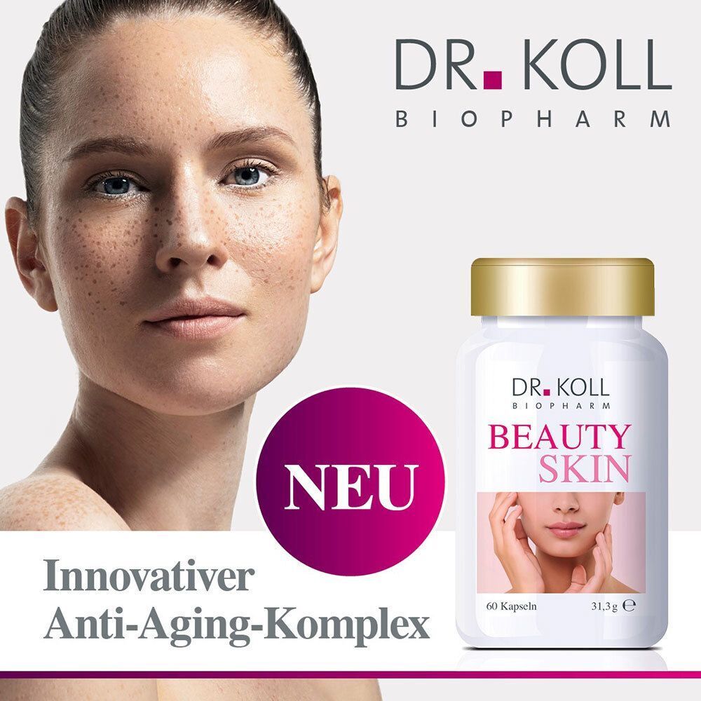 DR. KOLL BEAUTY SKIN Kapseln: Innovativer Anti-Aging-Komplex mit Frauengesicht und Produktabbildung.