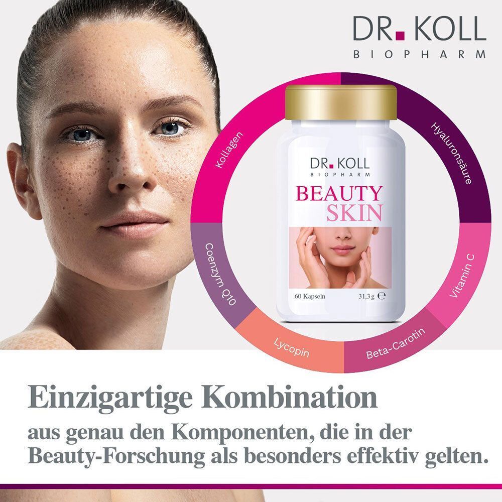DR. KOLL BEAUTY SKIN Kapseln: Inhaltsstoffe Kollagen, Hyaluronsäure, Vitamin C, Beta-Carotin, Lycopin, Coenzym Q10.