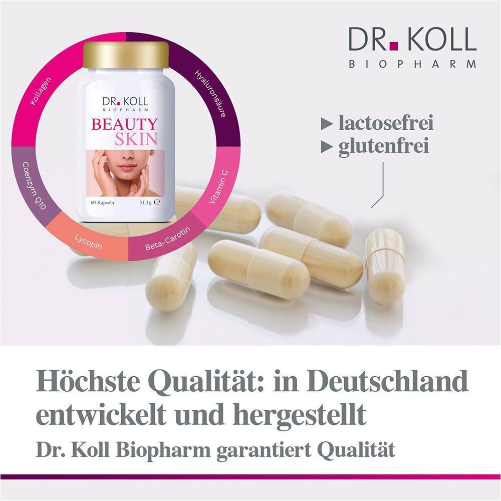 DR. KOLL BEAUTY SKIN Kapseln: Laktosefrei, glutenfrei. Entwickelt und hergestellt in Deutschland.