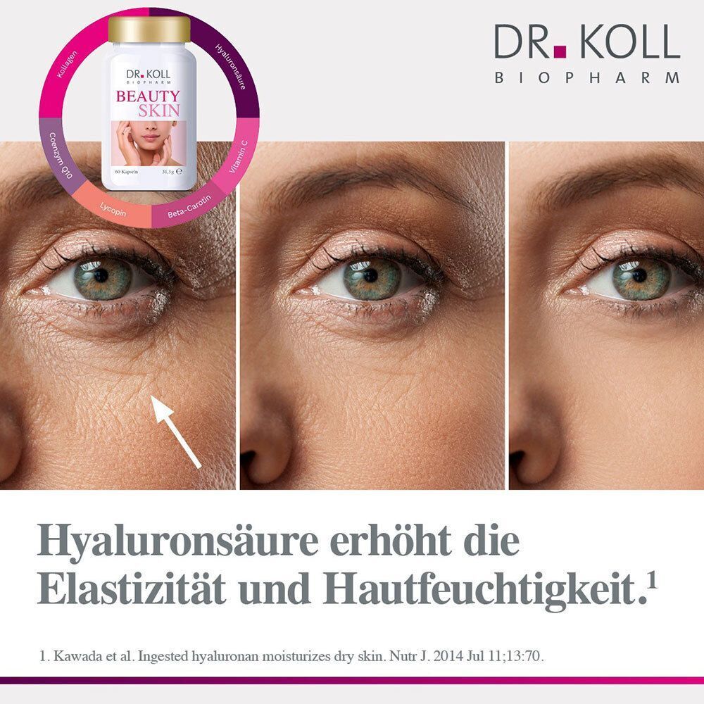 Flasche DR. KOLL BEAUTY SKIN mit Inhaltsstoffen und Vorher-Nachher-Vergleich der Haut.