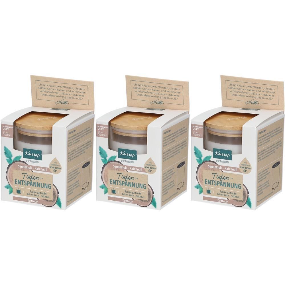 Drei Kneipp Duftkerzen Tiefenentspannung in Kartonverpackung mit Holzdeckel.