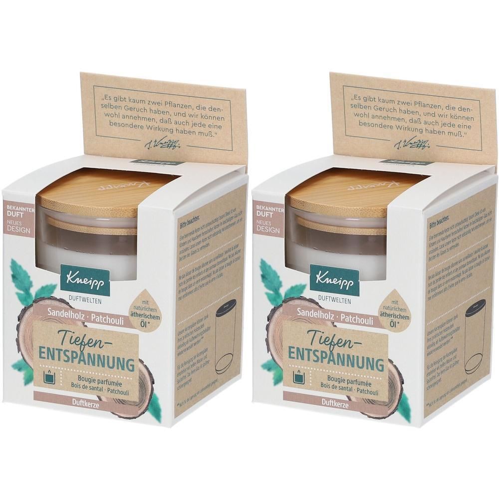 Zwei Kneipp Duftkerzen Tiefenentspannung mit Holzdeckel in Kartonverpackung. Duftnote Sandelholz-Patchouli.