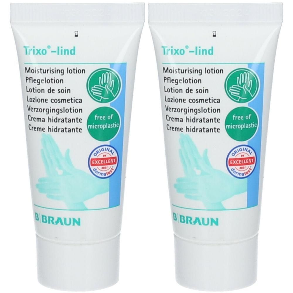 Zwei Tuben Trixo®-lind Handpflegecreme, "free of microplastic" und "ORIGINAL EXCELLENT" Siegel.