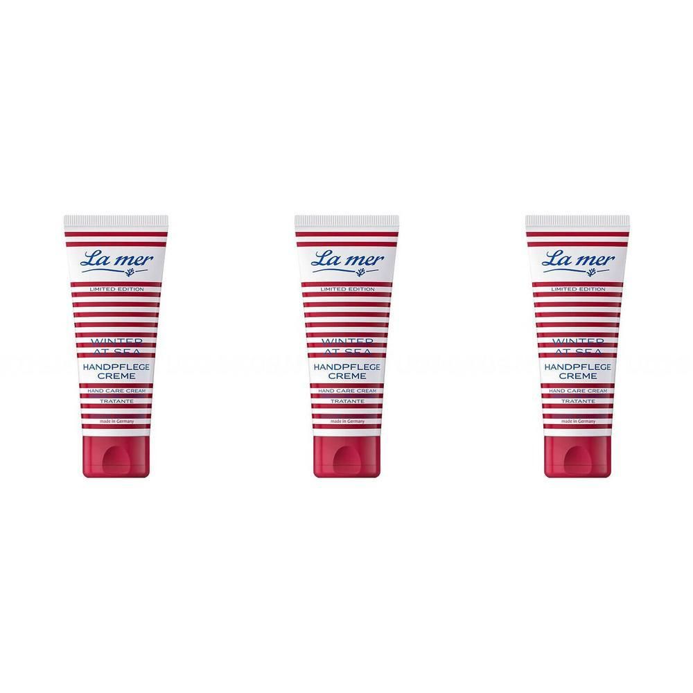 Drei Tuben La mer Handpflege Creme "Winter at Sea". Rotes Design mit weißen Streifen.