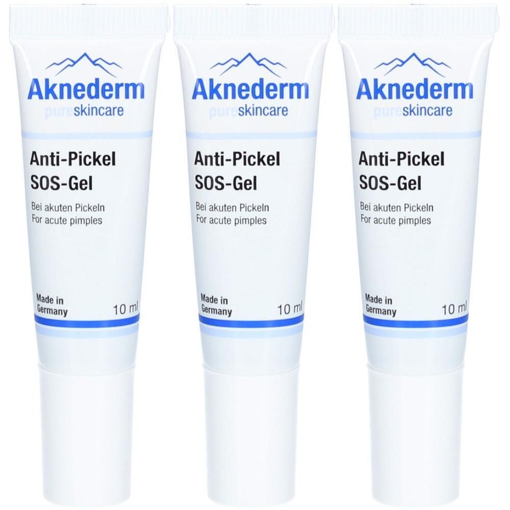 Drei Tuben Aknederm Anti-Pickel SOS-Gel, je 10 ml. Hergestellt in Deutschland.