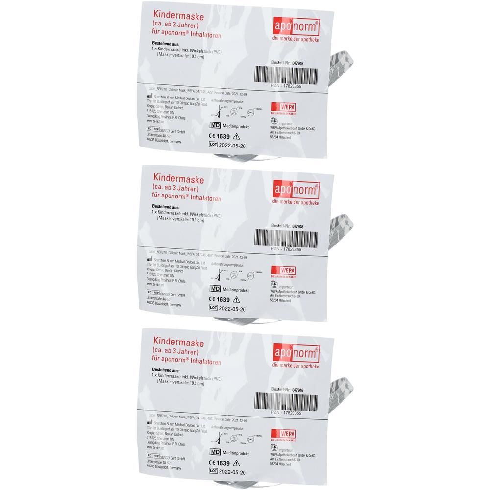 Drei APONORM® Kindermasken für Inhalatoren, für Kinder ab 3 Jahren. CE-Kennzeichnung sichtbar.