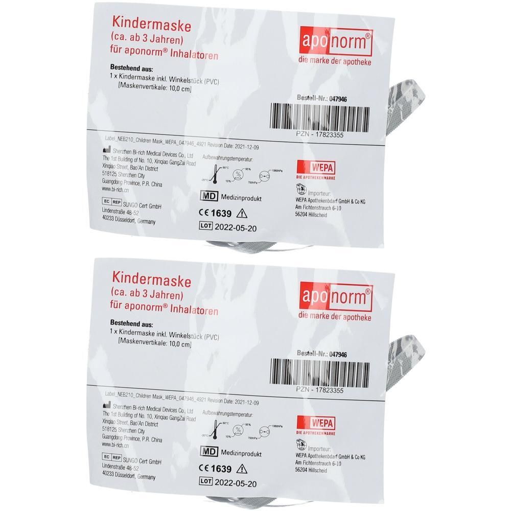Zwei Kindermasken für Inhalatoren, ca. ab 3 Jahren. Mit CE 1639 Kennzeichnung.