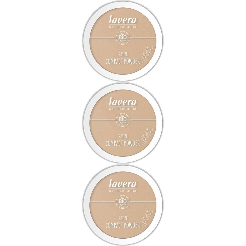 Drei Lavera Satin Compact Powder Tiegel, geschlossen, mit Bio-Siegel.