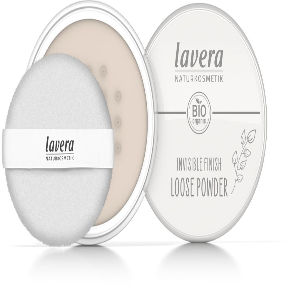 Geöffneter Lavera Invisible Finish Loose Powder Behälter mit Quaste.