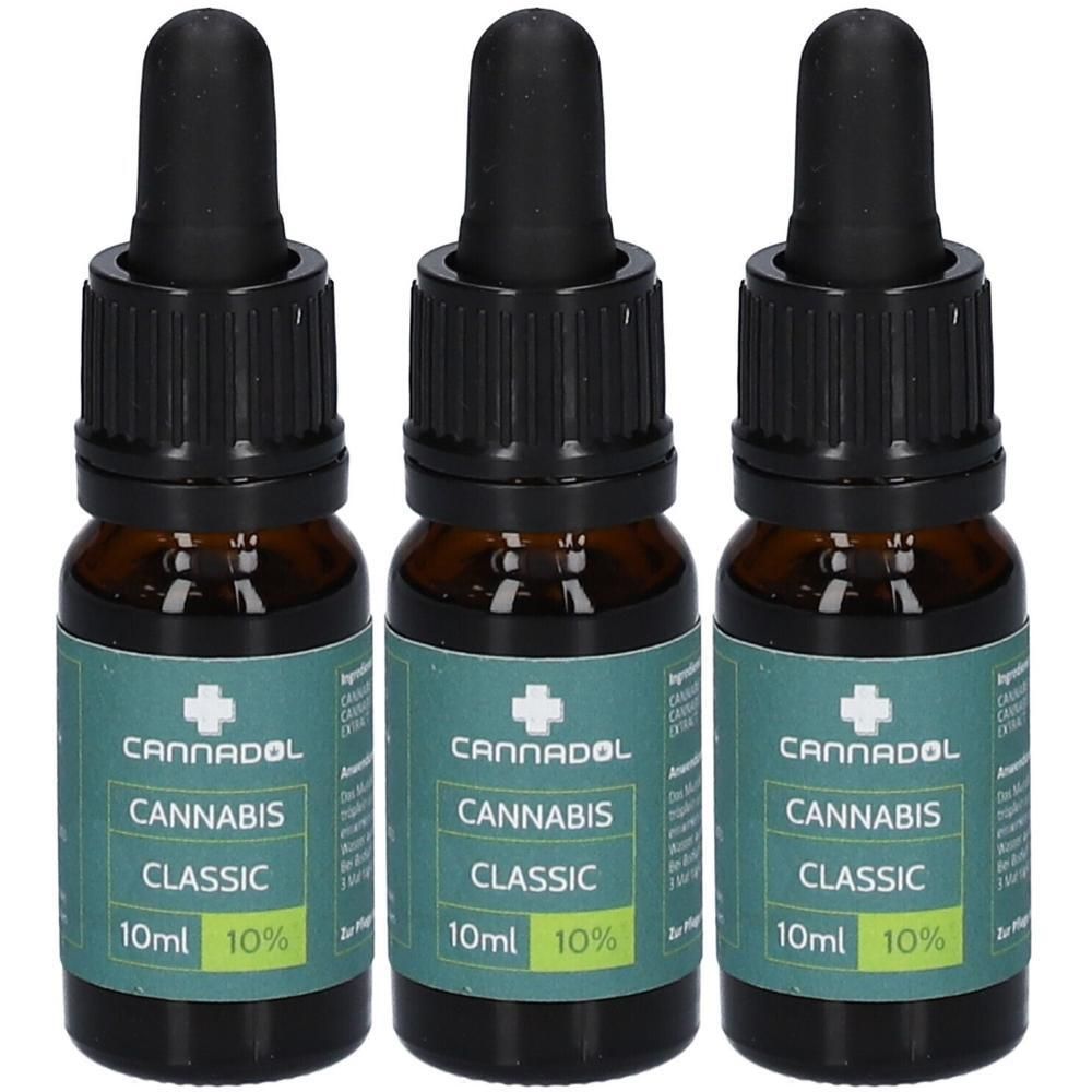 Drei Flaschen CANNADOL Cannabis Classic CBD-Öl, je 10ml, 10% CBD.