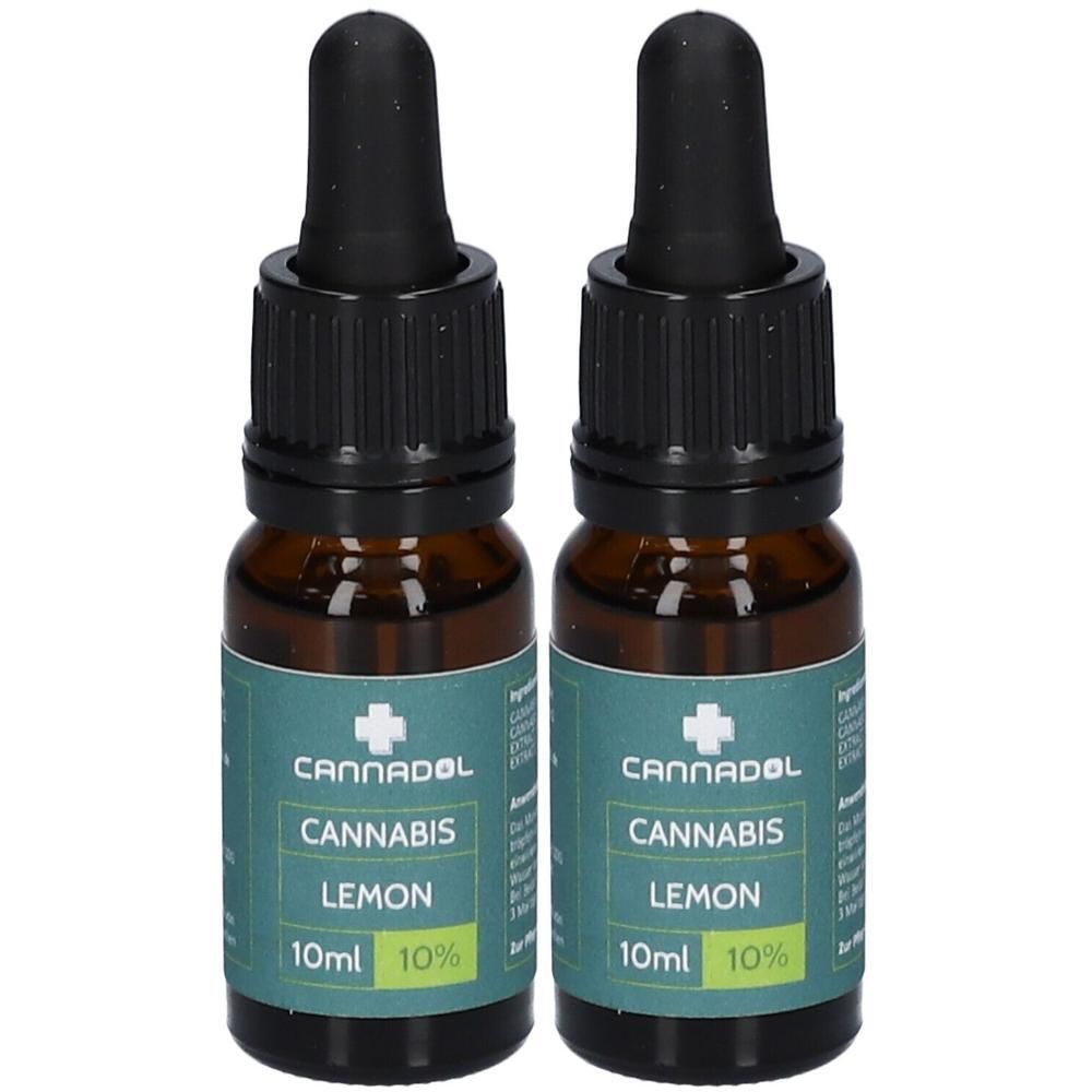 Zwei Fläschchen mit Pipettenverschluss, braunes Glas, Etikett mit 'CANNADOL CANNABIS LEMON 10ml 10%'.