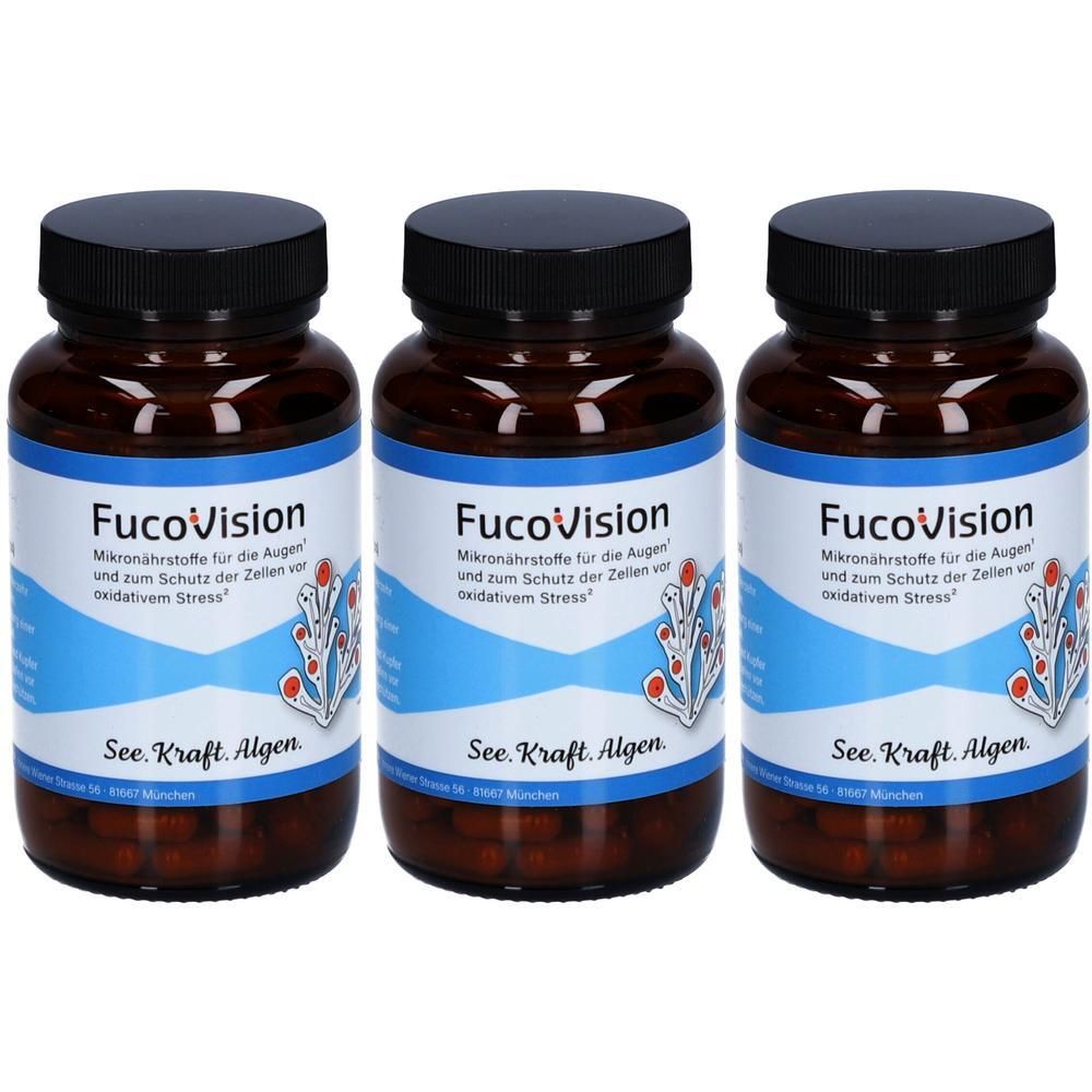 Drei Braunglasbehälter mit schwarzen Deckeln, beschriftet mit "FucoVision".