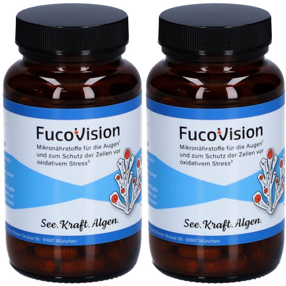 Zwei Braunglasflaschen mit schwarzen Deckeln, gefüllt mit Kapseln. Etiketten zeigen "FucoVision" und Algen-Illustration.