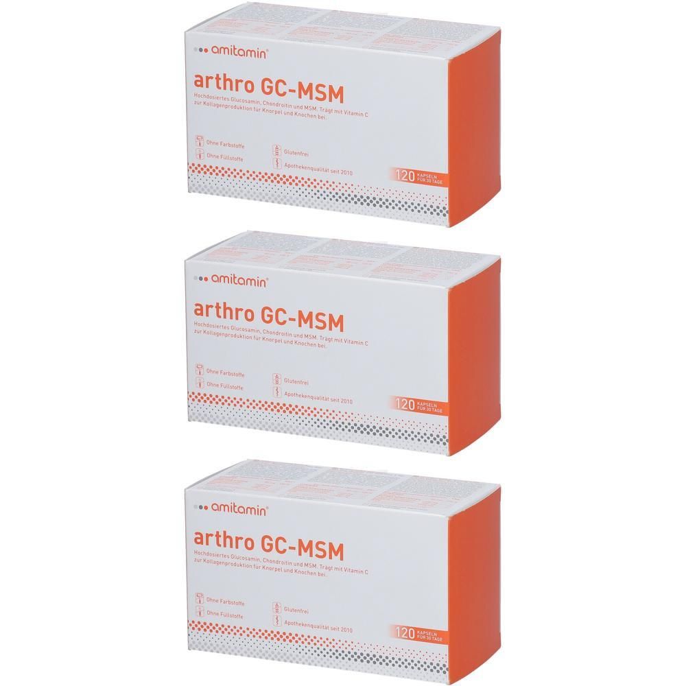 Drei Schachteln amitamin® arthro GC-MSM mit je 20 Beuteln. Weiße Verpackung mit orangefarbenen Akzenten.