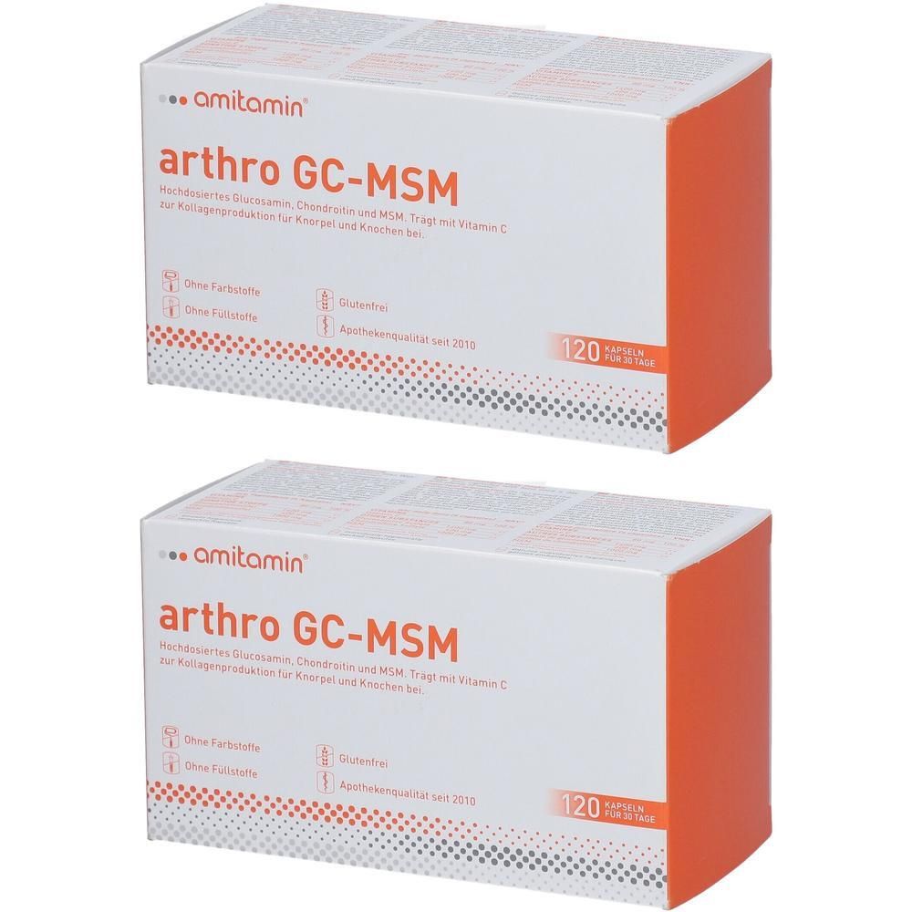 Zwei Schachteln amitamin® arthro GC-MSM mit je 120 Kapseln. Weiße Verpackung mit orangefarbenen Akzenten.