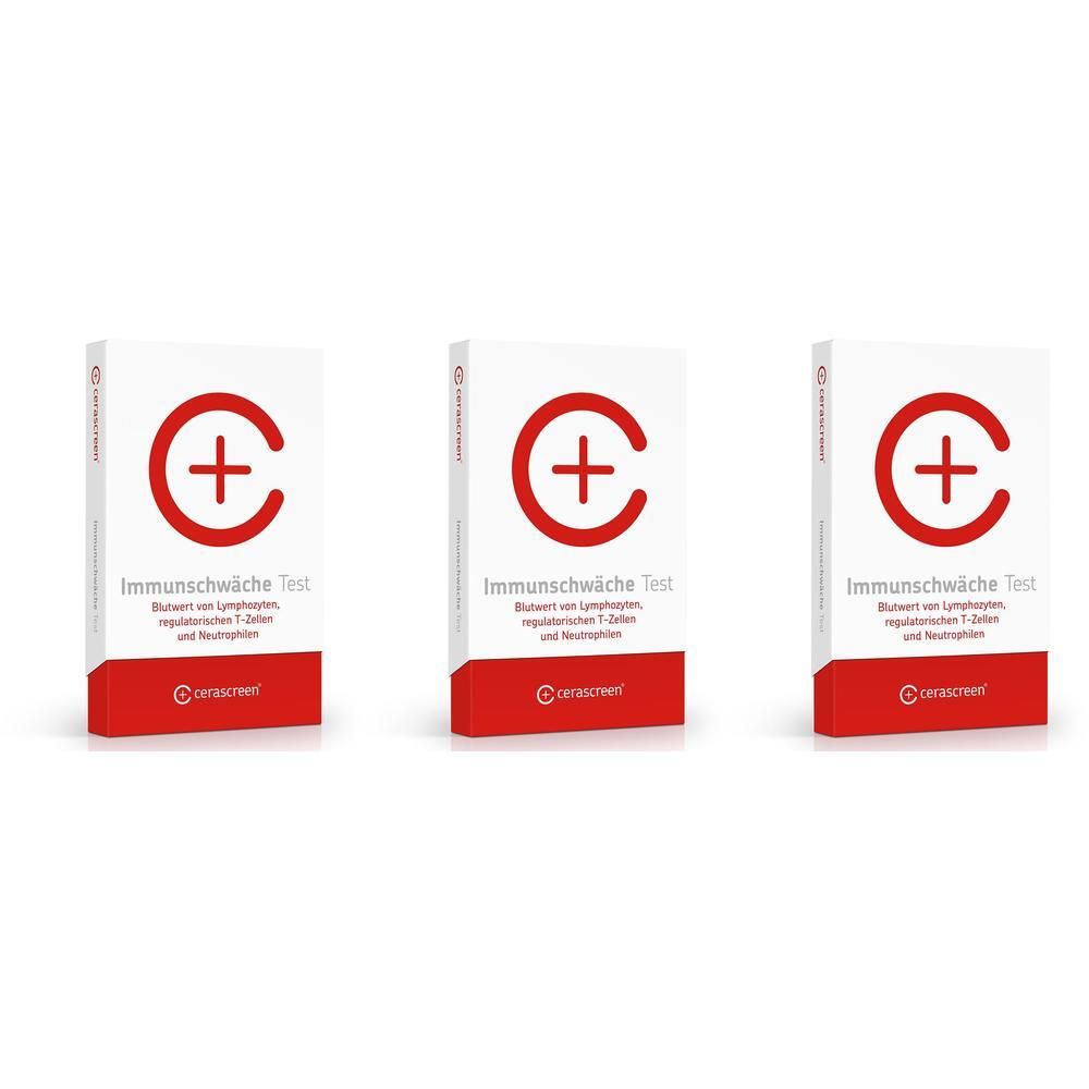 Drei Packungen des Immunschwäche Tests von cerascreen® mit rotem Kreis-Logo und Kreuz.