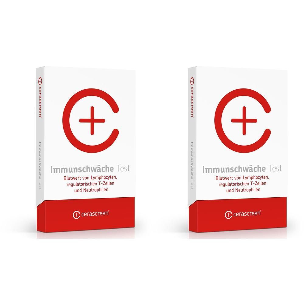Zwei Packungen des Immunschwäche Tests von cerascreen® mit rotem Kreis-Kreuz-Logo.