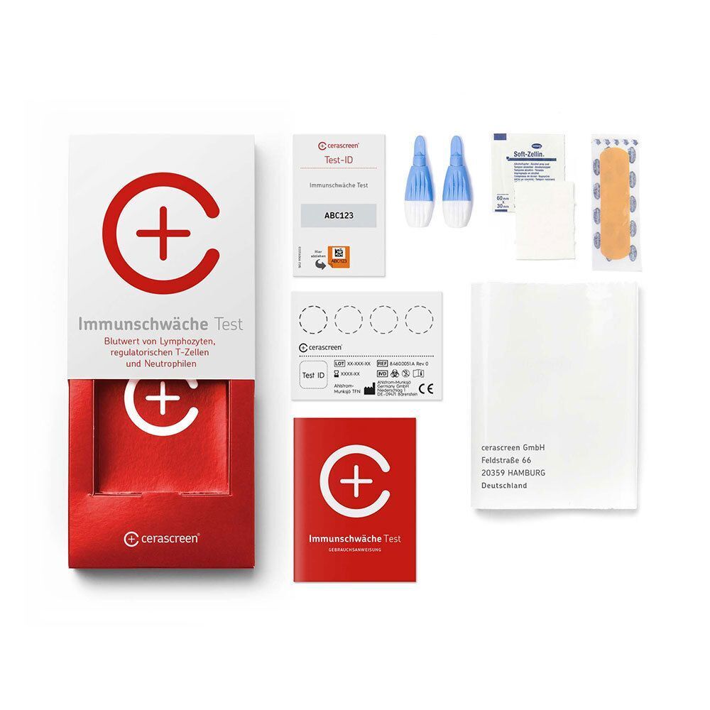 Inhalt des Immunschwäche Tests: Testkit, Lanzetten, Tupfer, Pflaster und Anleitung.