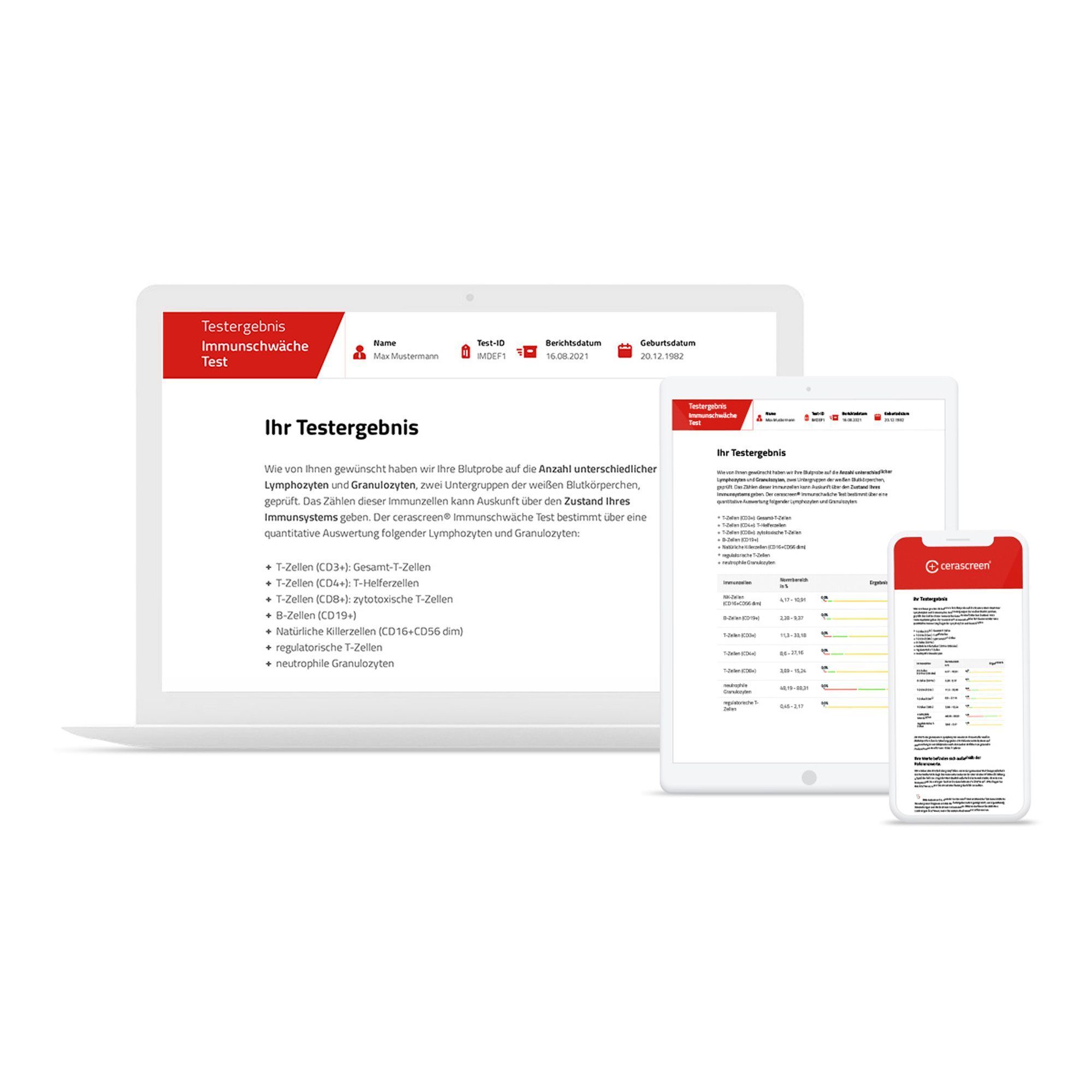 Testergebnisse des Immunschwäche Tests auf Laptop, Tablet und Smartphone.