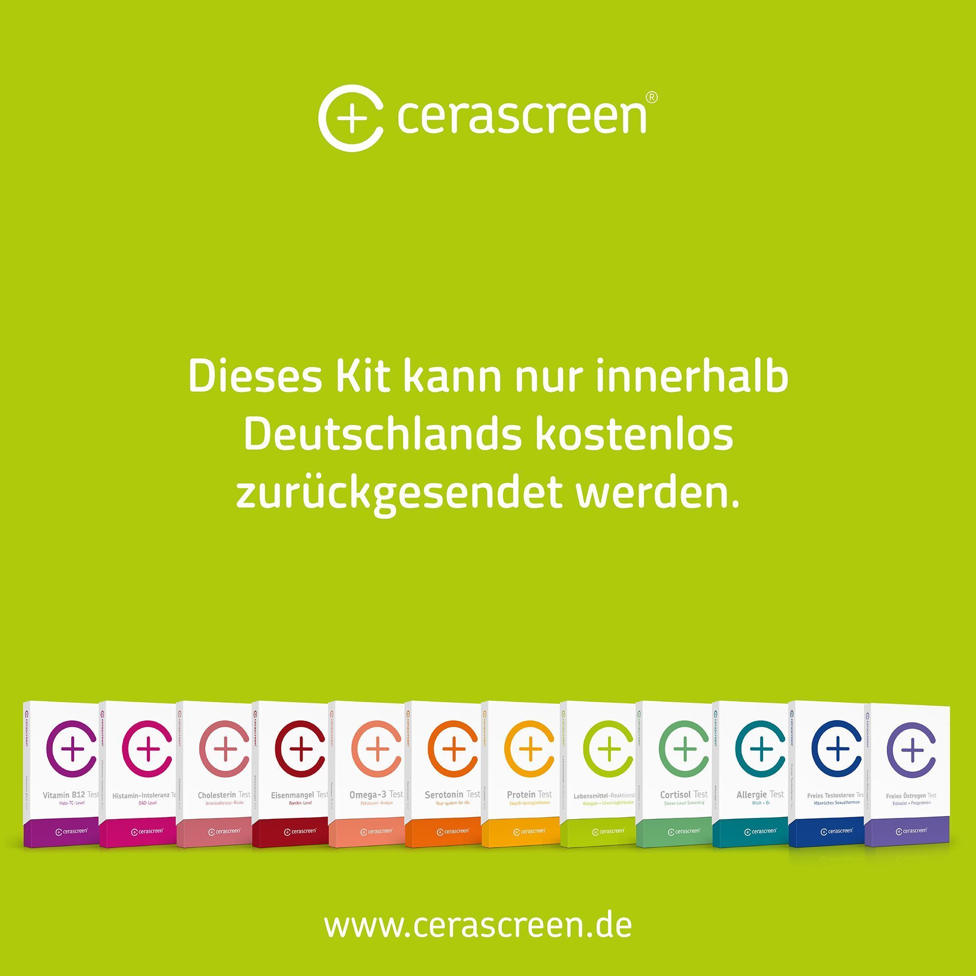 Mehrere cerascreen® Testkits in bunten Verpackungen auf grünem Hintergrund.