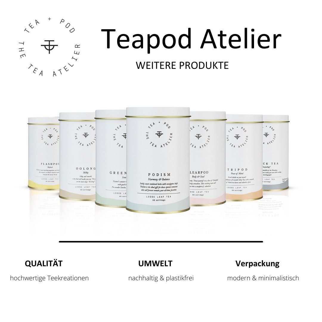 Mehrere Teedosen der Marke 'The Tea Atelier' mit verschiedenen Teesorten, darunter 'White Tea'.