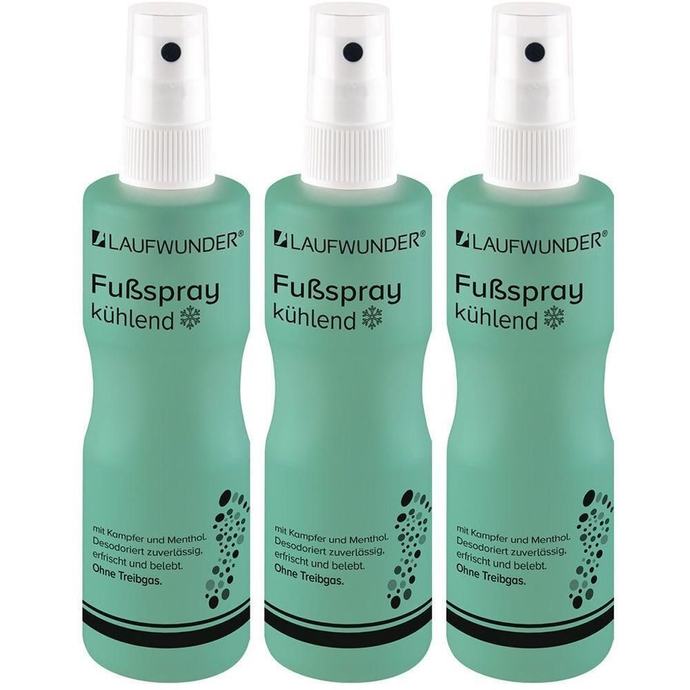 Drei Flaschen Laufwunder Fußspray kühlend in Türkis. Mit weißem Sprühkopf und schwarzem Aufdruck.