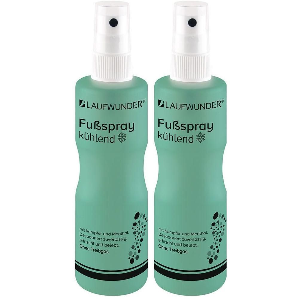 Zwei Flaschen Laufwunder Fußspray kühlend mit Kampfer und Menthol. Ohne Treibgas.
