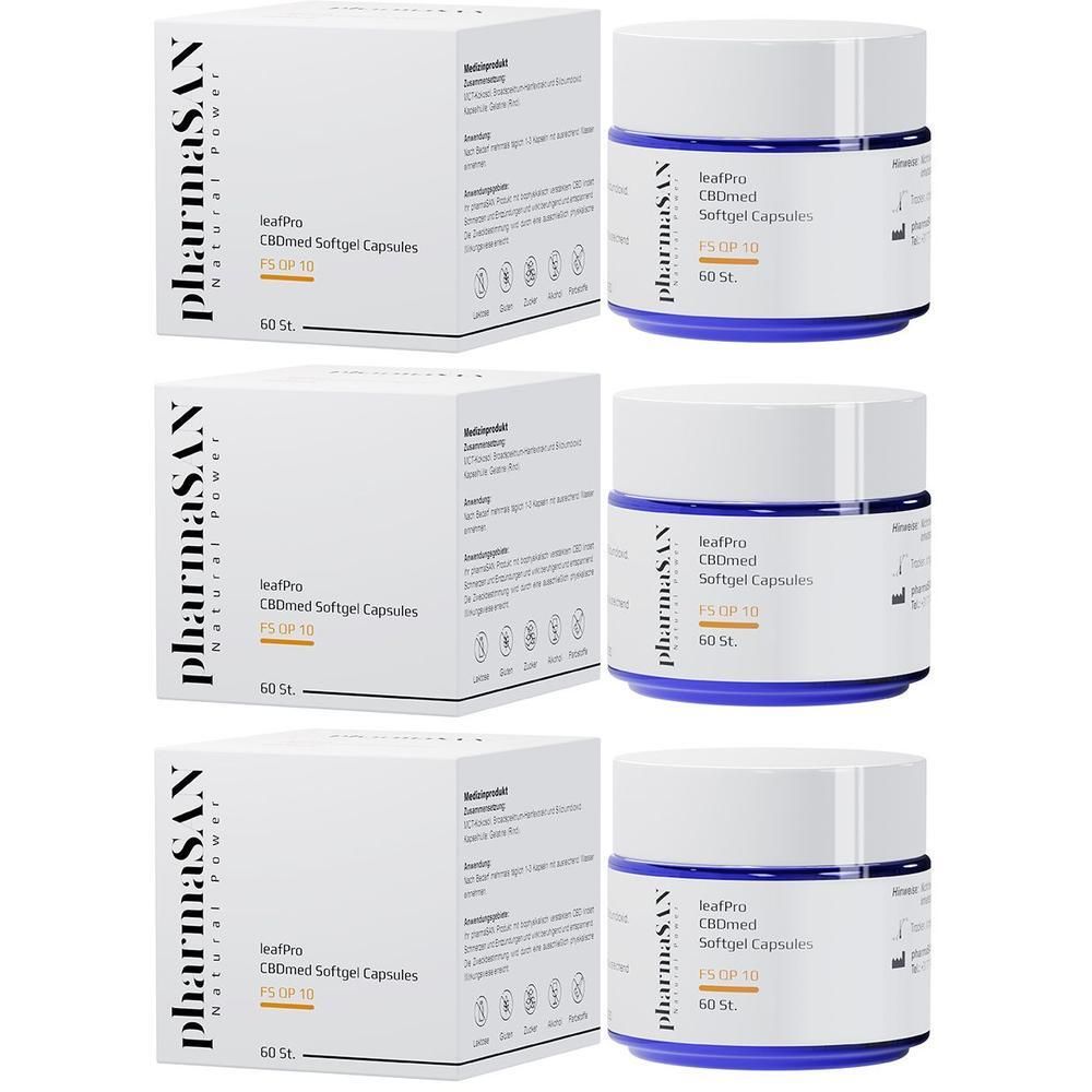Drei Packungen leafPro CBDmed Softgel Kapseln mit je 60 Stück. PharmaSAX.