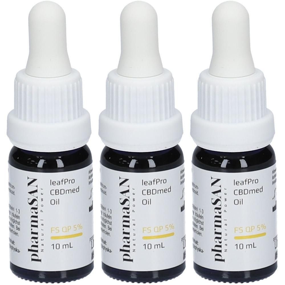 Drei Fläschchen leafPro CBDmed Öl 5% mit Pipettenverschluss, je 10 ml.