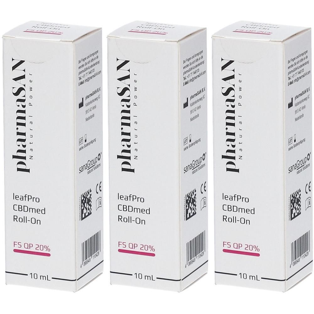 Drei Packungen PharmaS.A.N. leafPro CBDmed Roll-On 20%, 10 ml.