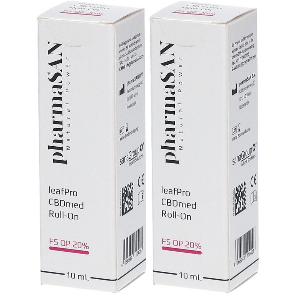 Zwei Packungen PharmaSAN leafPro CBDmed Roll-On 20%, je 10 ml.