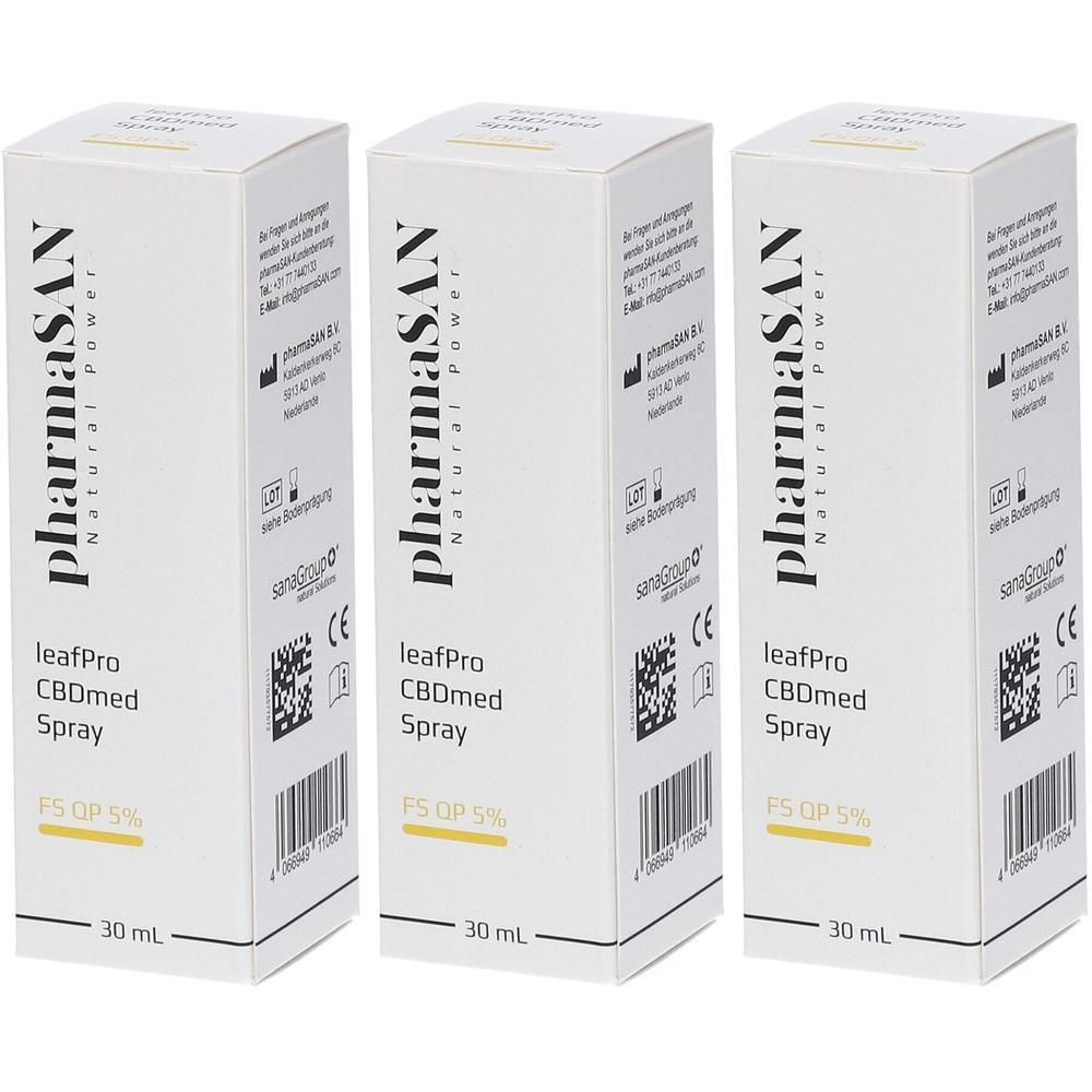 Drei Schachteln PharmaS.A.N. leafPro CBDmed Spray 5%. Jede Schachtel zeigt 30 ml an.