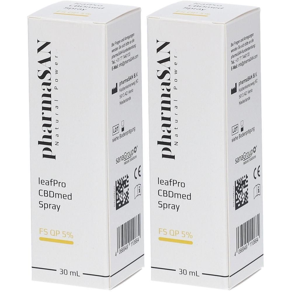 Zwei Packungen PharmaS.A.N. leafPro CBDmed Spray 5% mit je 30 ml Inhalt.