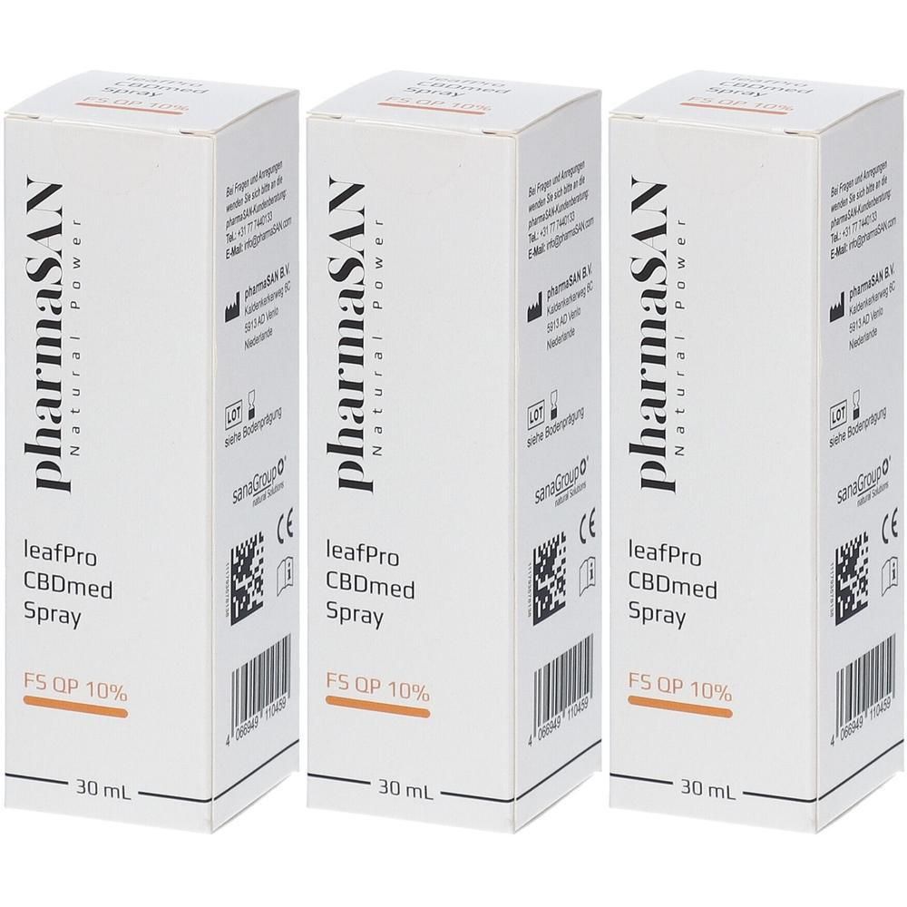 Drei Packungen PharmaS.V. leafPro CBDmed Spray 10%, 30 ml.