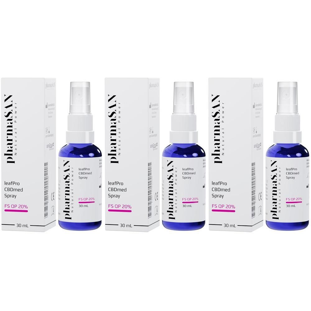 Vier Pharma S.V. leafPro CBDmed Spray Flaschen mit je 30 ml Inhalt und Umverpackung.