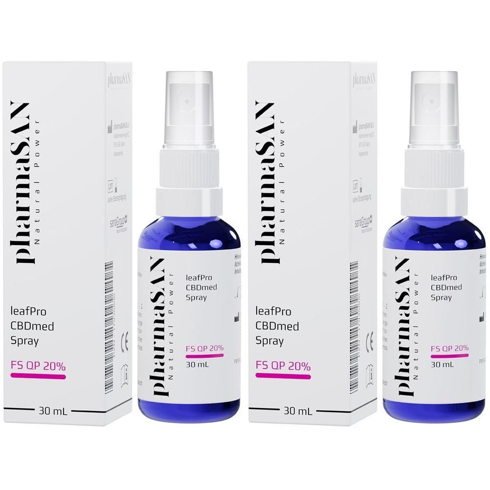 Zwei Packungen leafPro CBDmed Spray 20% mit je 30 ml. Blaue Glasflaschen mit weißem Sprühkopf und Kartonverpackung.
